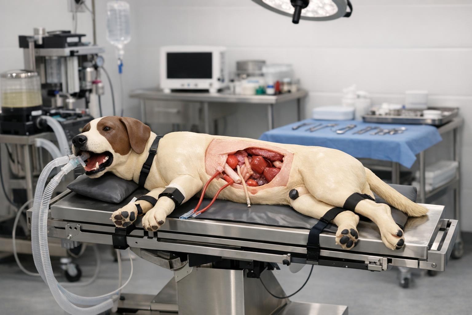 fantom weterynaryjny do ćwiczeń chirurgicznych - zdjęcie przedstawiające model psa w sali ćwiczeń