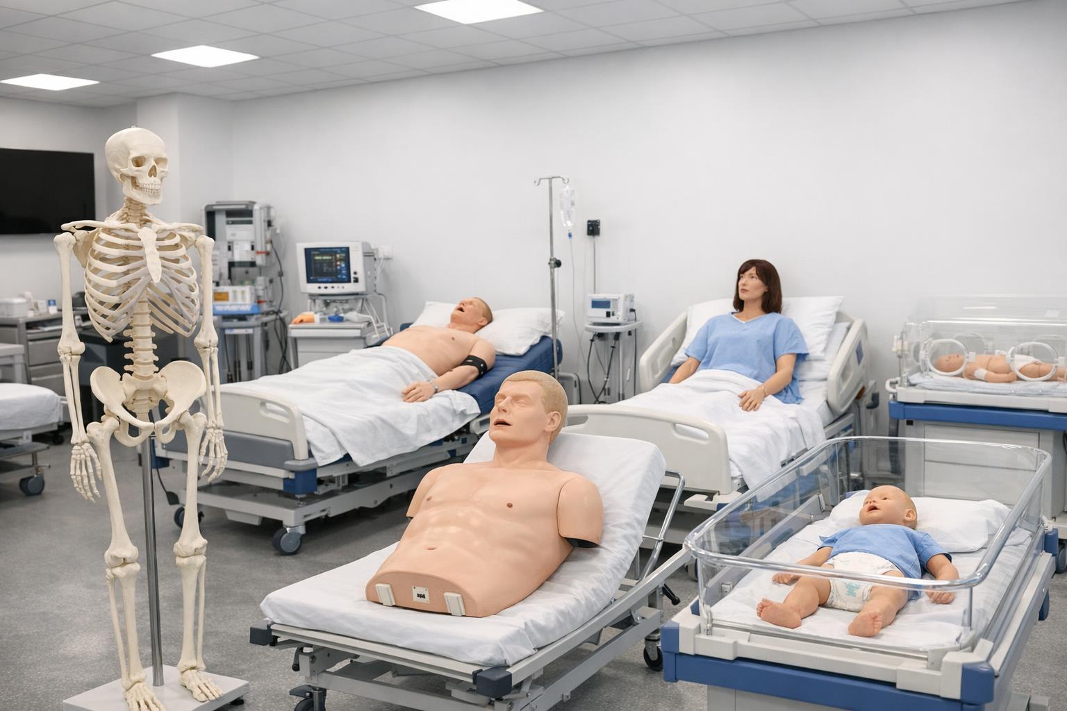laboratorium symulacyjne z modelem szkieletu i fantomami - zdjęcie sali ćwiczeń z modelami