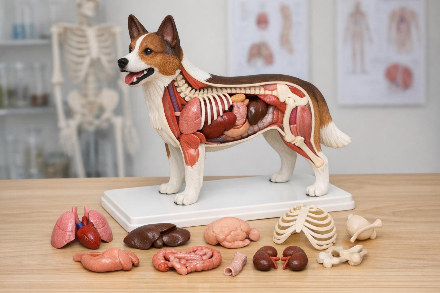 Zdjęcie przedstawiające model anatomiczny psa z odłączanymi narządami