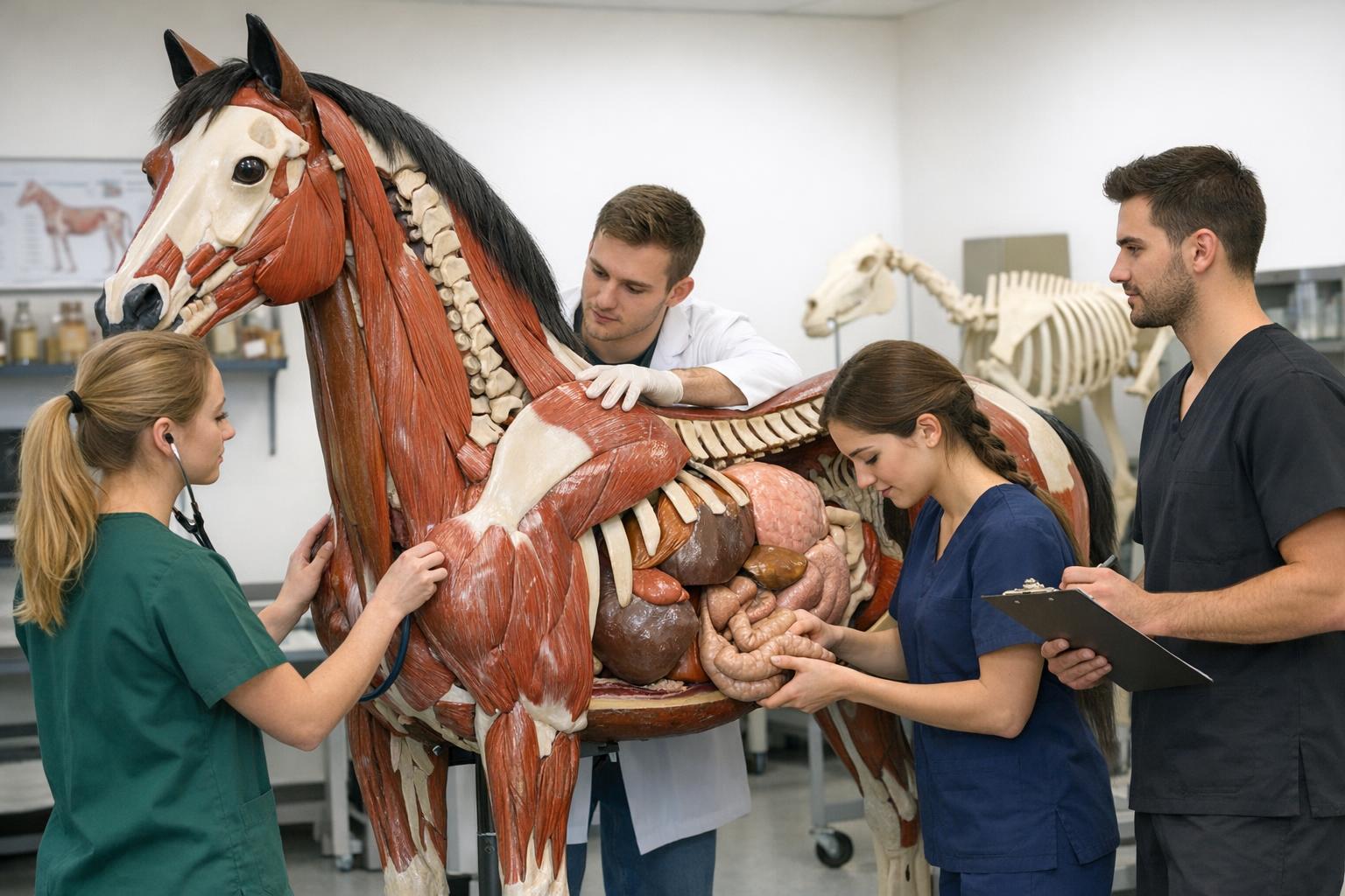 Zdjęcie przedstawiające studentów ćwiczących na modelu anatomicznym konia