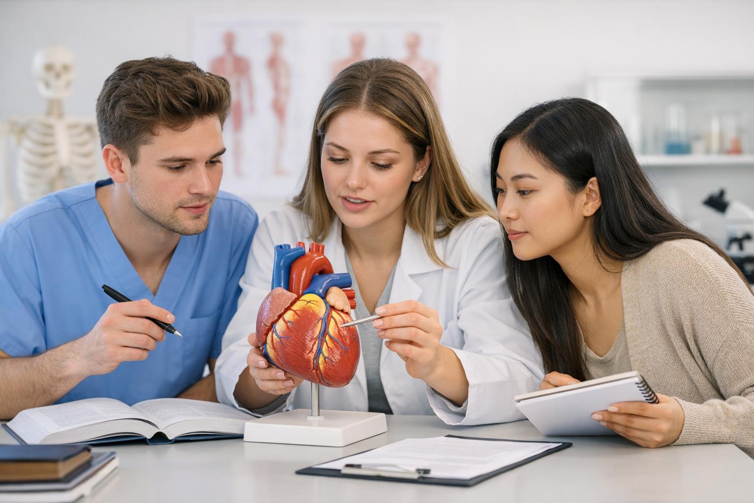 Studenci pracujący z modelem anatomicznym serca podczas zajęć